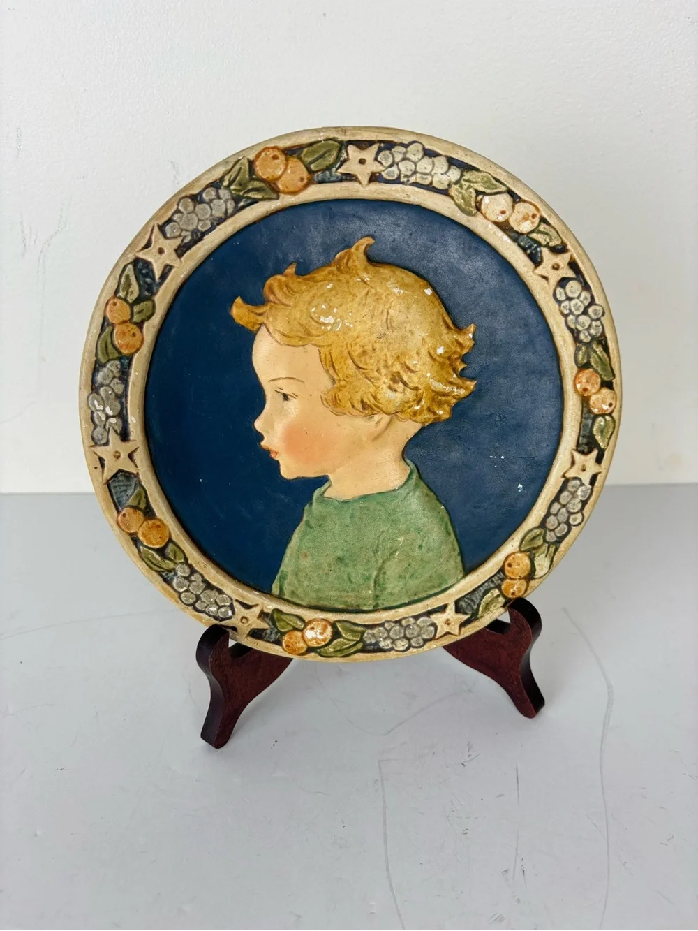 Vintage Plaster Wall Plaque/ Art Deco   Style-Child Portrait /Fruit & Star Boar